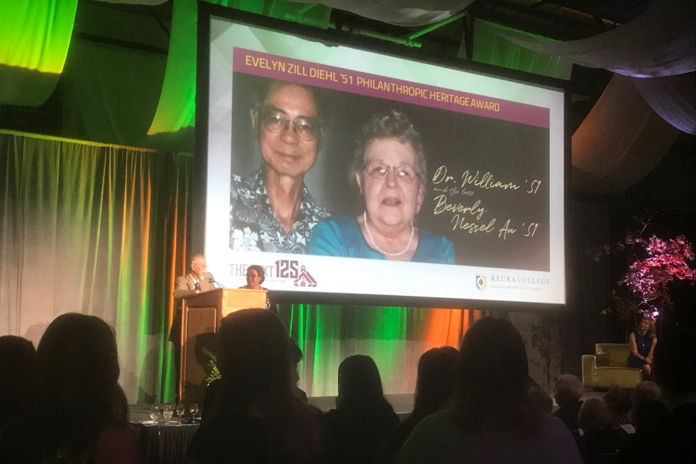 The late Beverly Nessel Au ’51 and Dr. William Y.W. Au ’51 were honored with the Evelyn Zill Diehl ’51 Philanthropic Heritage Award at this year's Green &amp; Gold Celebration weekend gala on Oct. 13.